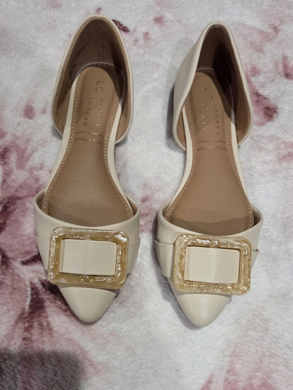 LC Lauren Conrad Cream Pointed Toe D'Orsay Flats with Decorative Buckle